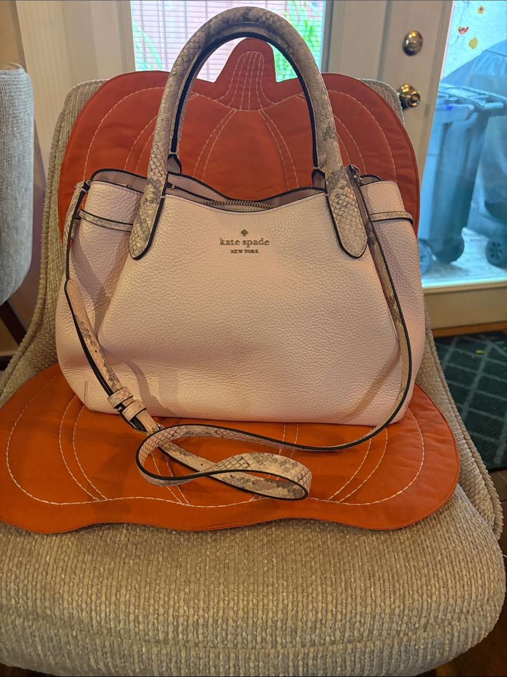kate spade Pale Pink Leather Satchel with Snake-Print Handles